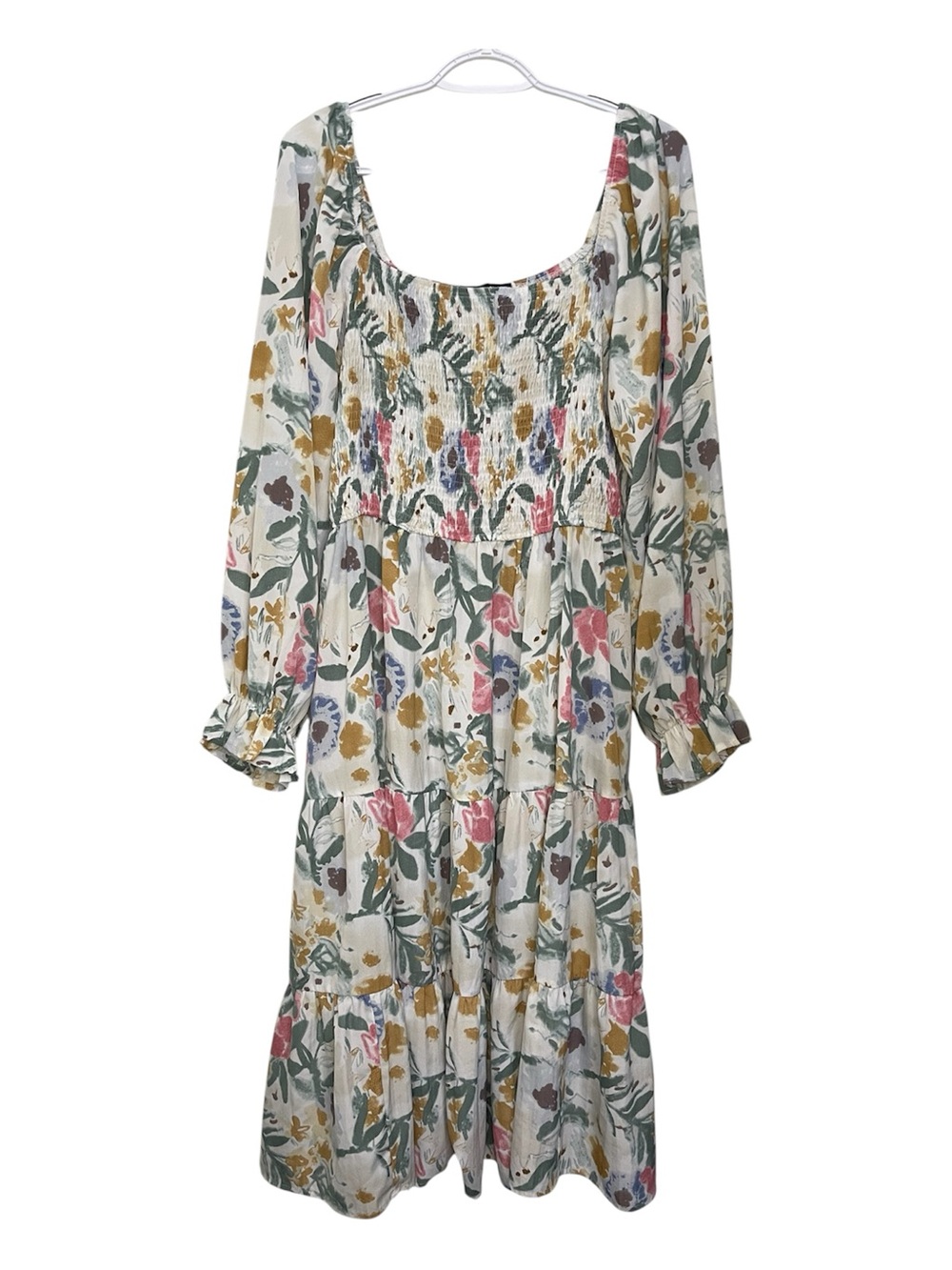 Simplee Plus Dress 3XL Smocked Midi Tiered Skirt Multi Floral Square Neck Bishop - Picture 4 of 10